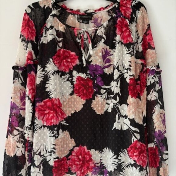 Liz Claiborne Blouse L Black Red Floral Long Sleeve Tie Neck Textured Romantic - Picture 1 of 7